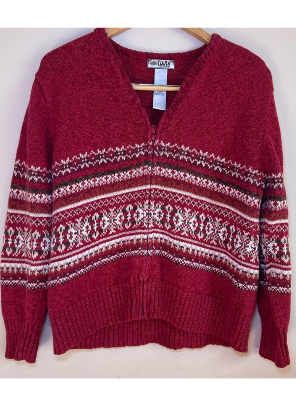 Tiara International Fair Isle Zip Cardigan Sweater Med Ramie Cotton Nordic Y2K